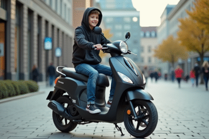 Jeune garçon souriant avec scooter en ville dynamique