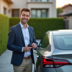 Jeune homme souriant avec voiture hybride devant maison