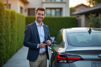 Jeune homme souriant avec voiture hybride devant maison