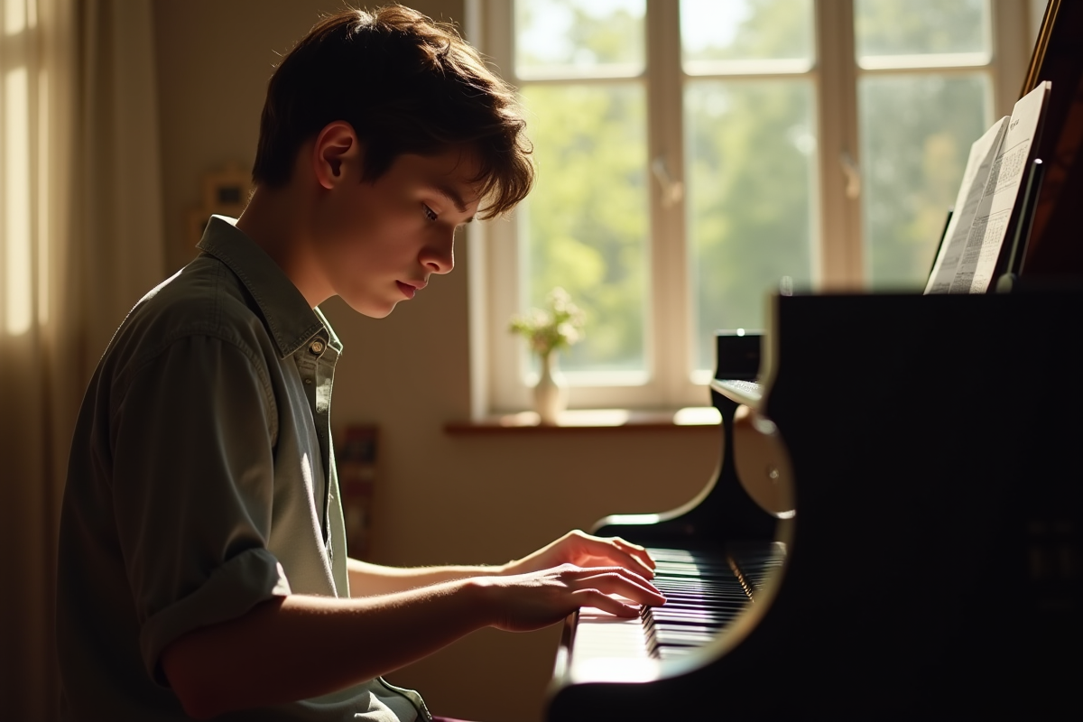 Musicien jeune contemplant le piano dans une pièce lumineuse