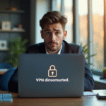 Jeune professionnel inquiet devant un ordinateur avec VPN déconnecté