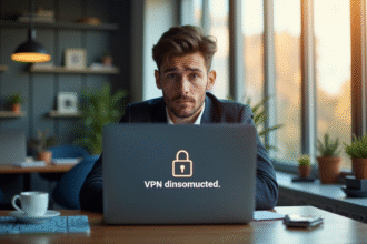 Jeune professionnel inquiet devant un ordinateur avec VPN déconnecté