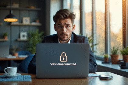 Jeune professionnel inquiet devant un ordinateur avec VPN déconnecté
