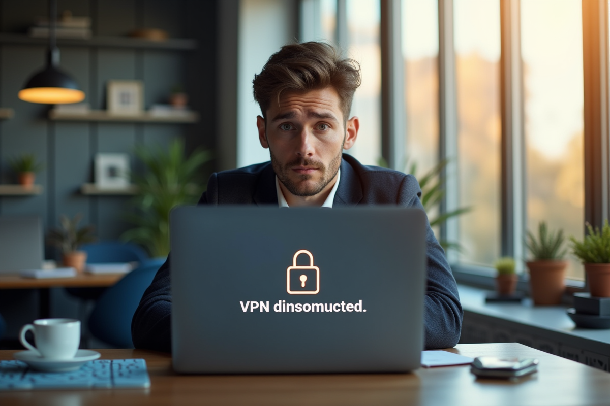 Jeune professionnel inquiet devant un ordinateur avec VPN déconnecté