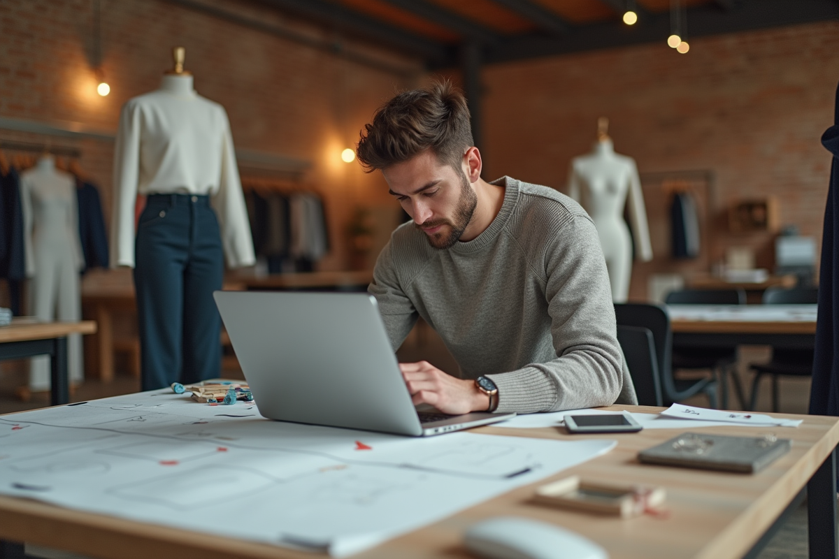 Jeune technicien en mode travaillant sur un ordinateur dans un atelier