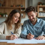 Jeunes adultes préparant leurs impôts dans une cuisine moderne