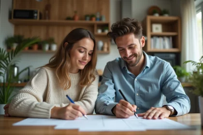 Jeunes adultes préparant leurs impôts dans une cuisine moderne