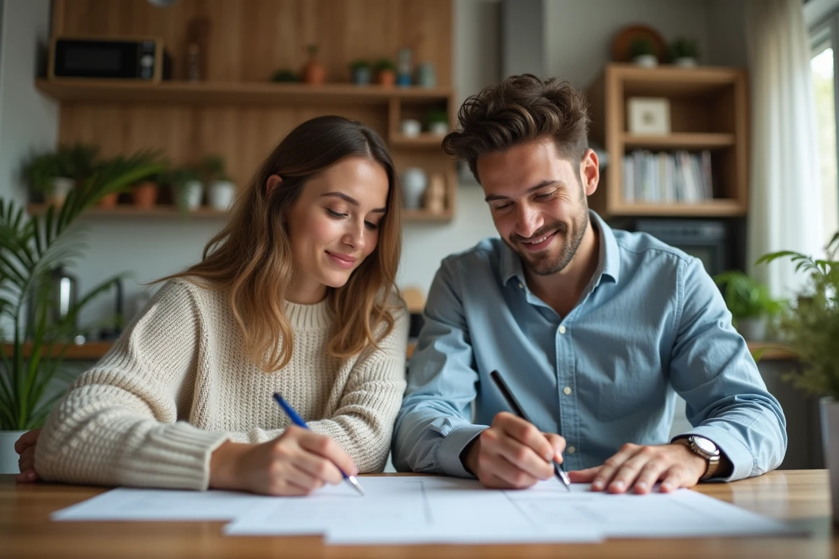 Jeunes adultes préparant leurs impôts dans une cuisine moderne