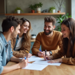 Groupe de jeunes adultes signant des documents dans une cuisine moderne
