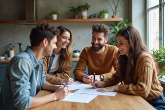 Groupe de jeunes adultes signant des documents dans une cuisine moderne