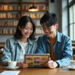 Jeune couple souriant avec tablette dans un café cosy