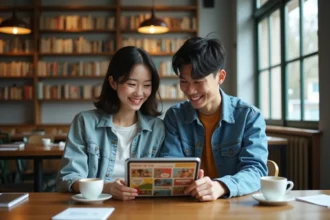 Jeune couple souriant avec tablette dans un café cosy