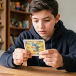 Adolescent examinant une carte Pokémon Foudre Noire et Flamme Blanche à une table en bois dans une chambre cosy