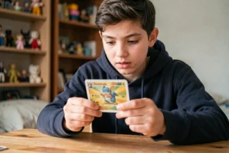 Adolescent examinant une carte Pokémon Foudre Noire et Flamme Blanche à une table en bois dans une chambre cosy