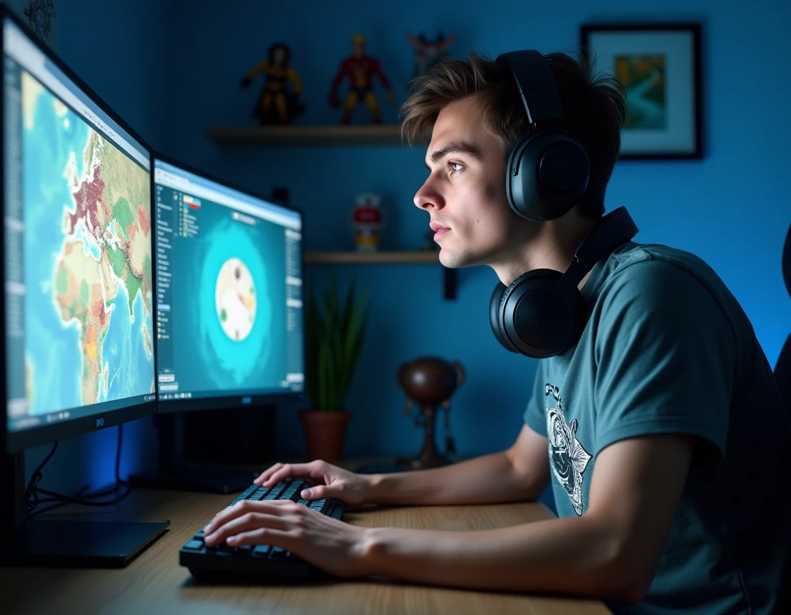 Joueur concentré devant un double écran affichant des cartes de portails Dofus et un tableau de coordination en équipe