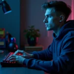Joueur solo concentré devant son PC gaming essayant de garder son calme en solo queue sur League of Legends