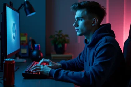 Joueur solo concentré devant son PC gaming essayant de garder son calme en solo queue sur League of Legends