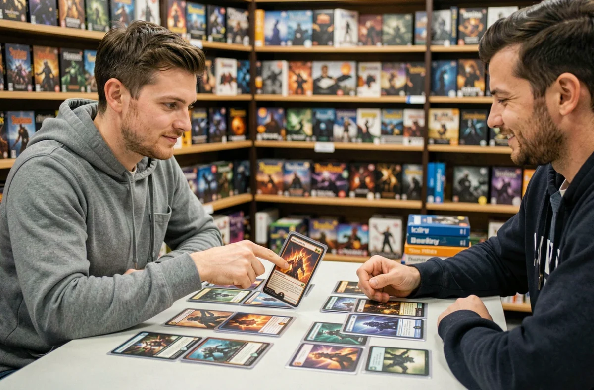 Deux joueurs analysant des cartes Flammes Fantasmagoriques dans une boutique de jeux de société