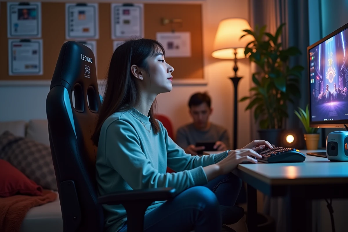 Joueuse de League of Legends en pause mentale sur sa chaise gaming pour éviter le tilt en solo queue