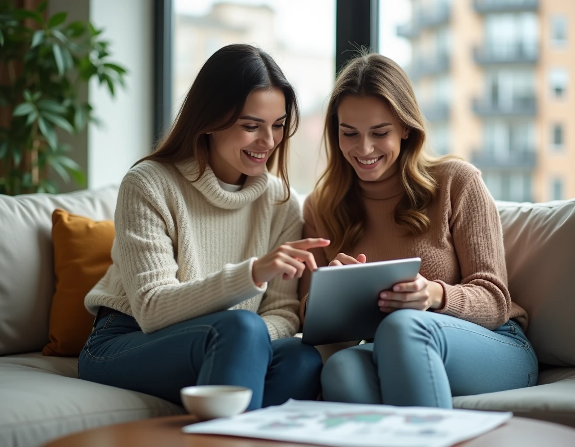 Deux joueuses collaborant sur tablettes et cartes papier pour organiser des recherches de portails Dofus en équipe dans un salon moderne