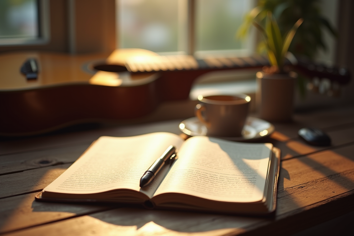 Journal écrit et guitare vintage sur une table en bois