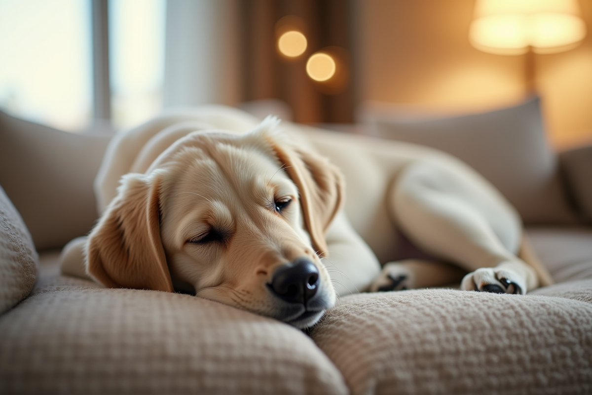 Labrador nain reposant sur un canapé beige à l intérieur