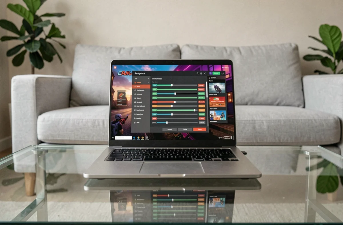 Ordinateur portable ouvert sur une table basse moderne affichant un menu de paramètres graphiques d'un jeu de simulation de vie pour optimiser les performances
