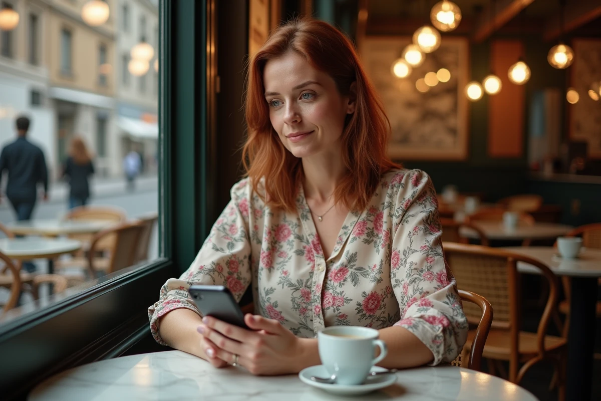 Femme lisant un roman romance en ligne sur smartphone dans un café parisien avec une tasse de café