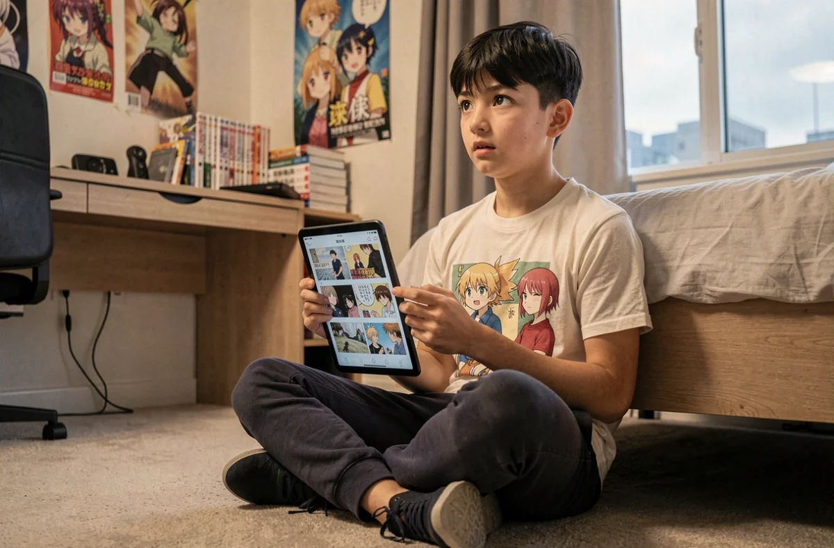 Adolescent lisant le lien de lecture du chapitre One Piece 1149 sur sa tablette dans sa chambre décorée d'affiches anime