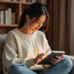 Femme lisant un roman romance sur tablette confortablement installée dans son salon avec des étagères de livres en arrière-plan