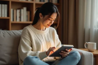 Femme lisant un roman romance sur tablette confortablement installée dans son salon avec des étagères de livres en arrière-plan