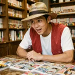 Jeune homme passionné lisant le scan complet de One Piece chapitre 1149 dans un café manga entouré de volumes de manga