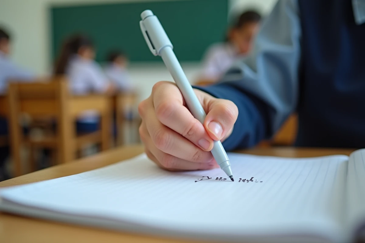Main d'élève tenant un stylo 4 couleurs effaçable en train d'écrire et corriger dans un cahier scolaire