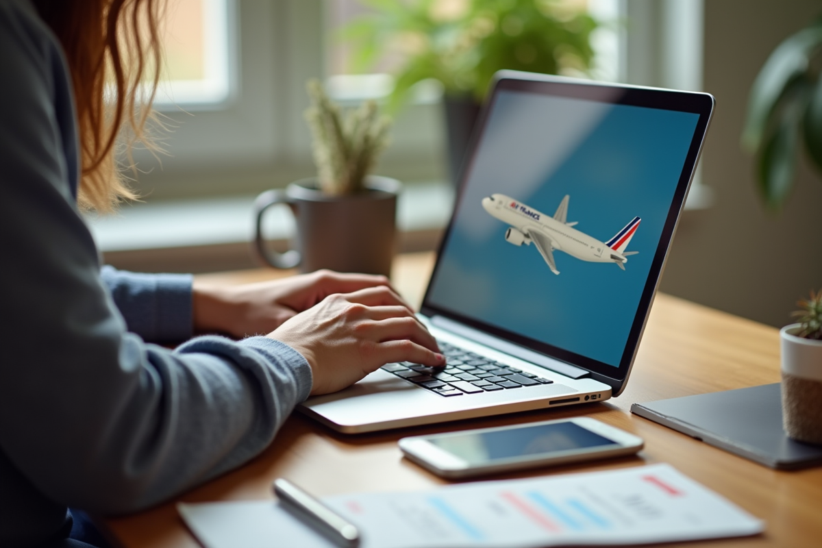 Mains utilisant un ordinateur pour réserver un vol Air France