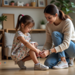 Femme aidant sa fille à lacer ses chaussures dans un salon chaleureux