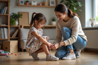 Femme aidant sa fille à lacer ses chaussures dans un salon chaleureux