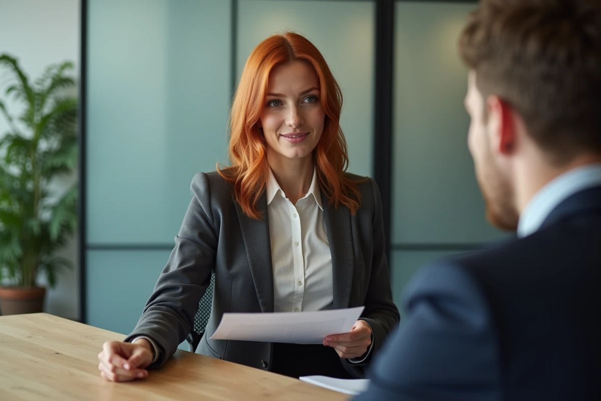 Manager rousse en blazer gris discutant d'une stratégie d'image musicale autour d'une table de réunion professionnelle
