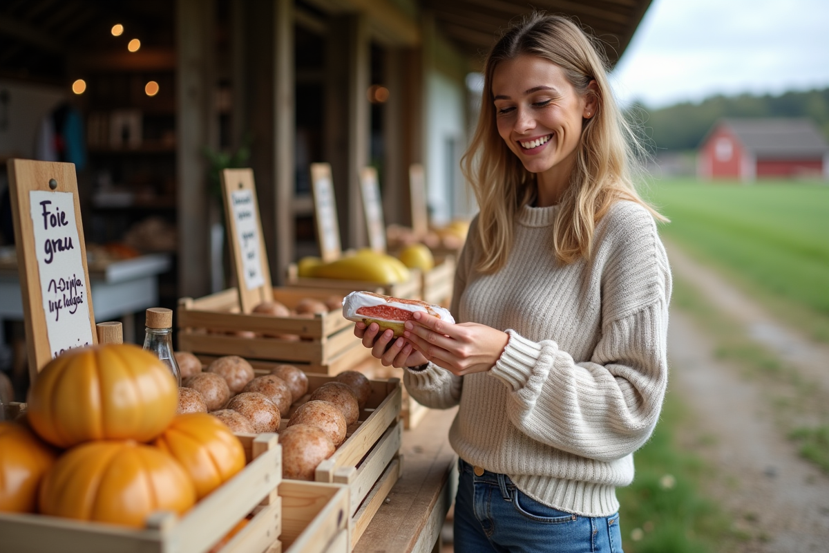 Jeune femme achetant du foie gras au marché en plein air