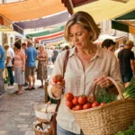 Femme faisant ses courses au marché d'Aix-en-Provence avec un panier en osier rempli de légumes frais et d'herbes de Provence