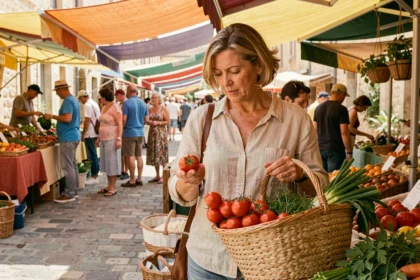 Femme faisant ses courses au marché d'Aix-en-Provence avec un panier en osier rempli de légumes frais et d'herbes de Provence