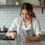 Femme mesurant de l'eau en millilitres avec un verre doseur dans une cuisine moderne