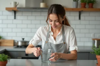 Femme mesurant de l'eau en millilitres avec un verre doseur dans une cuisine moderne
