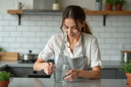 Femme mesurant de l'eau en millilitres avec un verre doseur dans une cuisine moderne