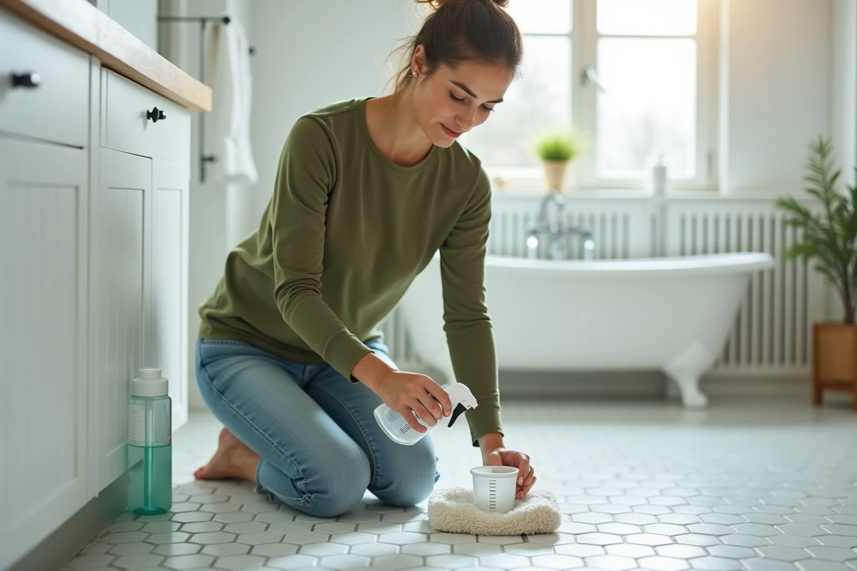 Femme mesurant un produit ménager en millilitres dans une salle de bain