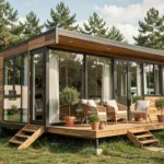 Mobil-home moderne au design élégant avec terrasse en bois et grandes baies vitrées dans un camping verdoyant entouré de pins