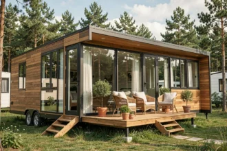 Mobil-home moderne au design élégant avec terrasse en bois et grandes baies vitrées dans un camping verdoyant entouré de pins