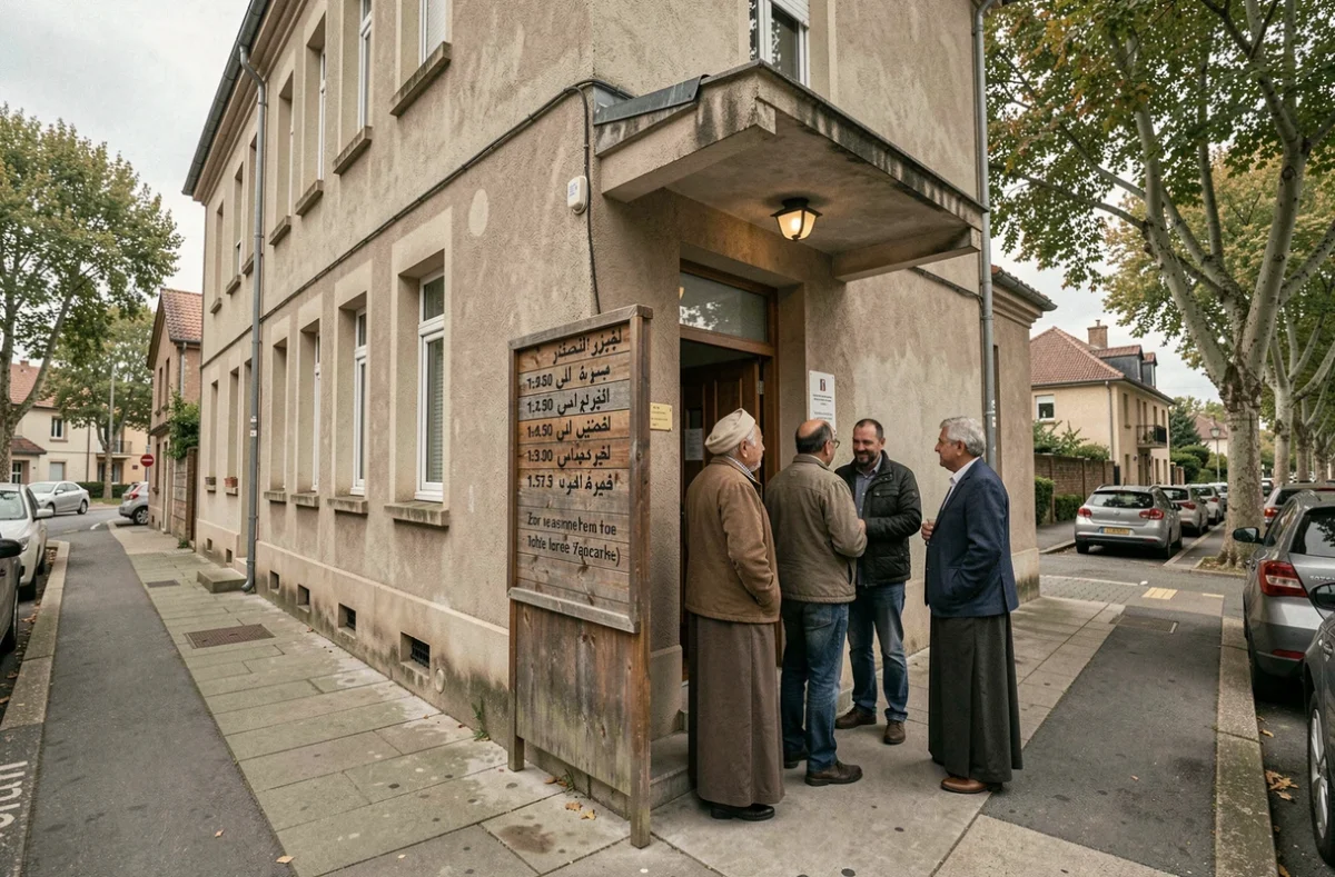 Tableau des heures de prière affiché à l'entrée d'une mosquée dans la banlieue parisienne à Bondy