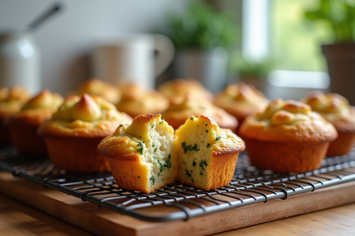 Muffins salés sans gluten dorés sur une grille en bois