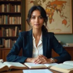 Femme d'origine nord-africaine assise dans un bureau d'étude entouré de livres et de cartes, évoquant la recherche sur les origines familiales et culturelles