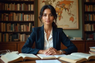 Femme d'origine nord-africaine assise dans un bureau d'étude entouré de livres et de cartes, évoquant la recherche sur les origines familiales et culturelles